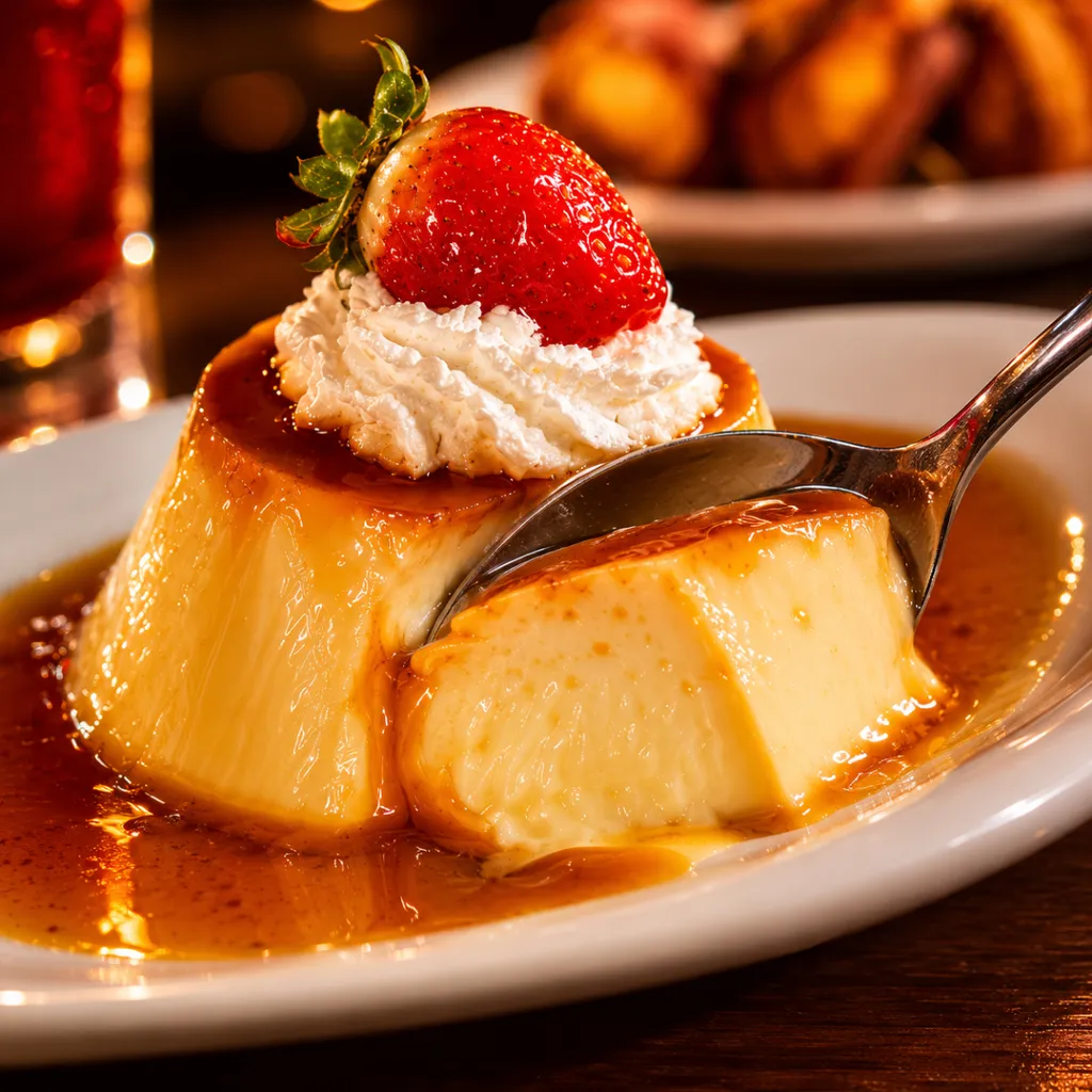 Pudim com calda de caramelo, chantilly e morango